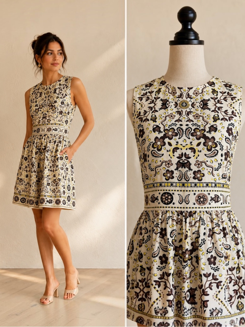 Tory Burch Pisces Dream Print Silk Dress Ivory Floral Luxury Designer Size 8